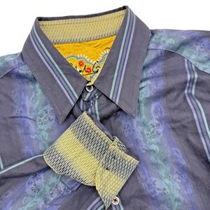 Robert Graham Men's Large Blue‎ Green Jacquard Print Long Sleeve Flip Cuff Shirt